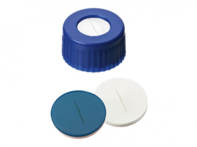 Chrominex Pre-slit  Blue PTFE/White silicone septa+ Blue screw cap with hole, for 2ml 9-425 screw vial, 100/pk
